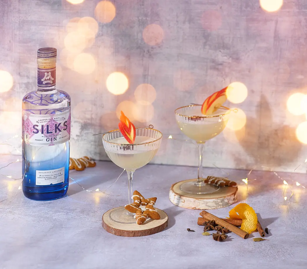 Silks gin with two cocktail glasses