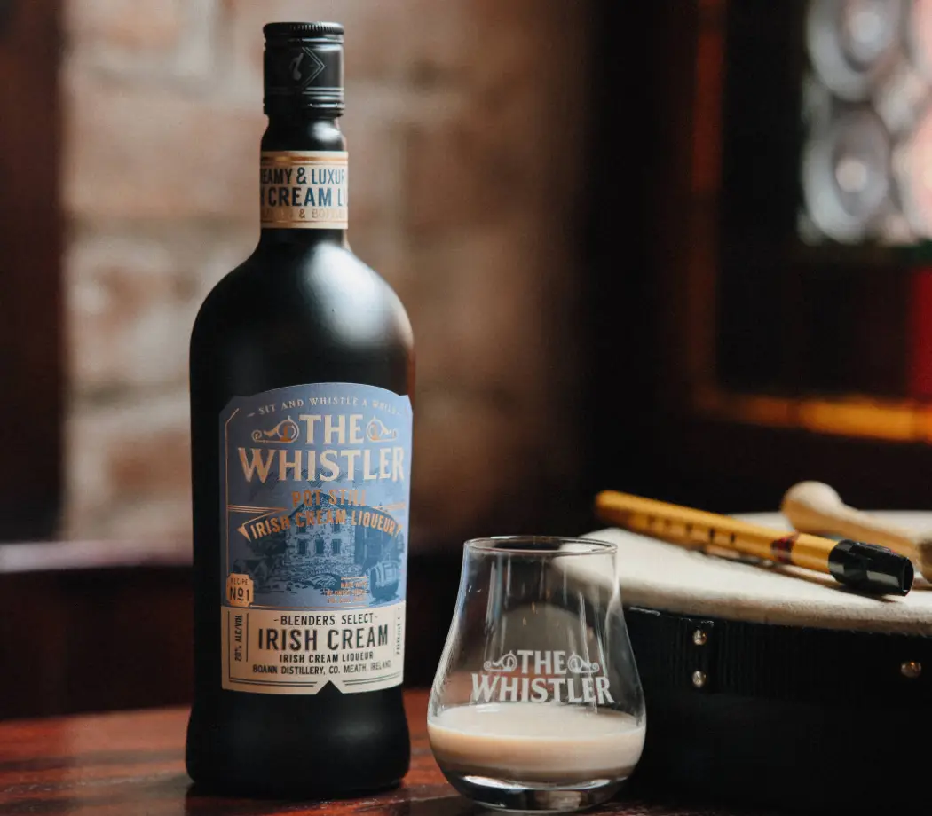 whistler irish cream bottle with glass